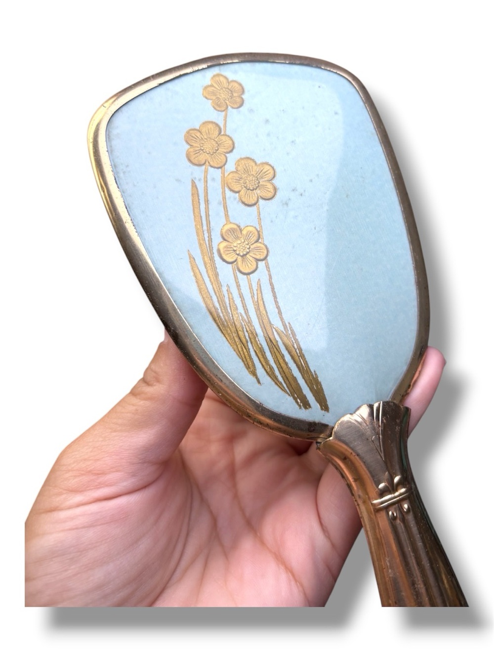 Vtg Vanity Hair Brush Blue Gold Floral Made in Hong Kong Mid Century Brush